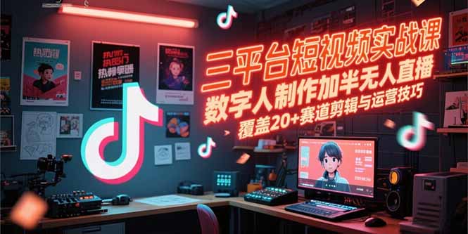 三平台短视频实战课，数字人制作加半无人直播，覆盖20+赛道剪辑与运营技巧-清风网创