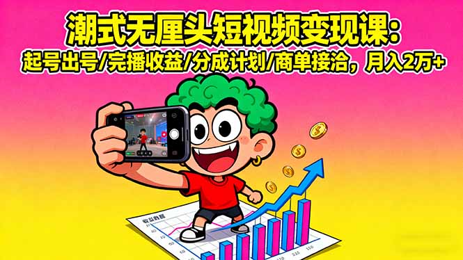 潮式无厘头短视频变现课：起号出号/完播收益/分成计划/商单接洽，月入2万+-清风网创