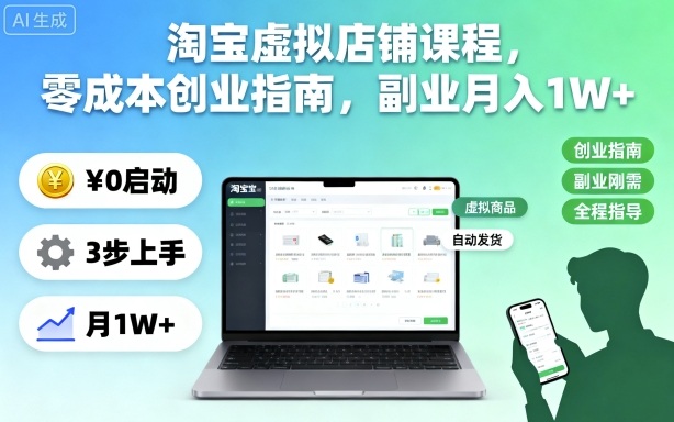 淘宝虚拟店铺课程,零成本创业指南,副业月入1W+-副创财网创
