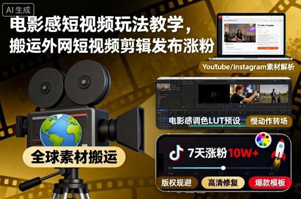 电影感短视频玩法教学,搬运外网短视频剪辑发布涨粉-副创财网创
