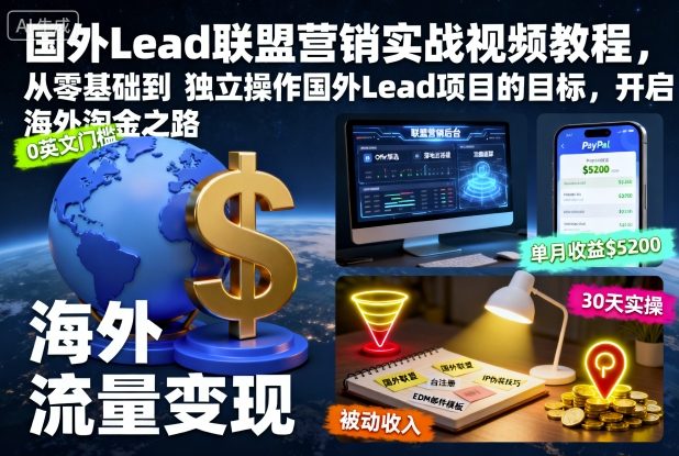 国外Lead联盟营销实战视频教程,从零基础到独立操作国外Lead项目的目标,开启海外淘金之路-副创财网创