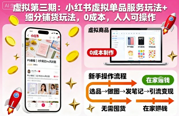 虚拟第三期:小红书虚拟单品服务玩法+细分铺货玩法,0成本,人人可操作-副创财网创