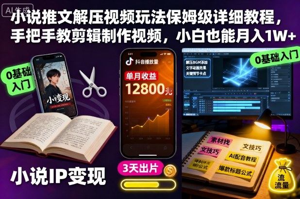 小说推文解压视频玩法保姆级详细教程,手把手教剪辑制作视频,小白也能月入1W+-副创财网创
