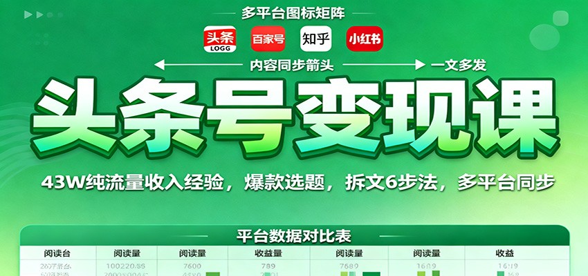 头条号变现课:43W纯流量收入经验,爆款选题,拆文6步法,多平台同步-优优云网创