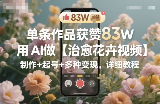 单条作品获赞83W,用AI做【治愈花卉视频】,制作+起号+多种变现,详细教程-优优云云网创