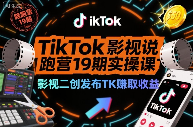 TikTok影视解说陪跑营19期实操课,影视二创发布TK賺取收益,万播收益50美金-凯文优创资源网