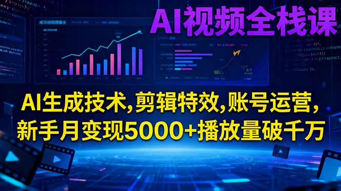 AI视频全栈课:AI生成技术,剪辑特效,账号运营,新手月变现5000+播放量破千万-智趣阁