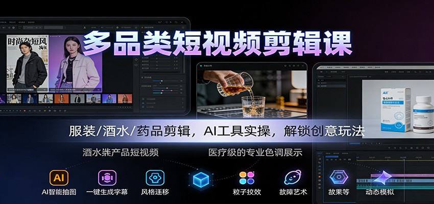 多品类短视频剪辑课：服装/酒水/药品剪辑，AI工具实操，解锁创意玩法-清风网创