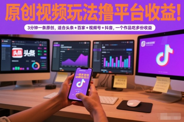 原创视频玩法撸平台收益,3分钟一条原创,适合头条+百家+视频号+抖音,一个作品吃多份收益-创途168