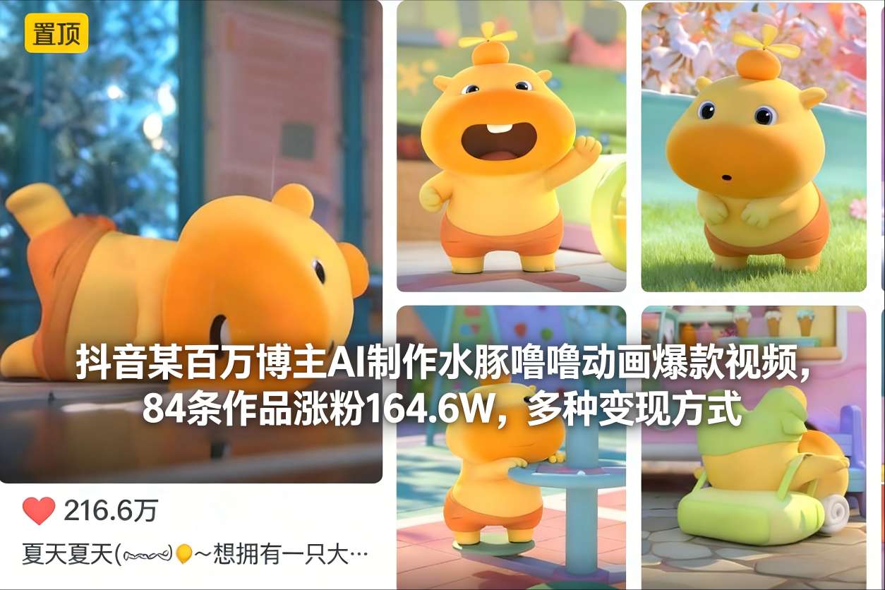 抖音某百万博主AI制作水豚噜噜动画爆款视频,84条作品涨粉164.6W,多种变现方式-优云云网创