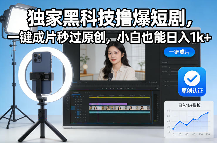 独家黑科技撸爆短剧,一键成片秒过原创,小白也能日入1k+【揭秘】-云网创