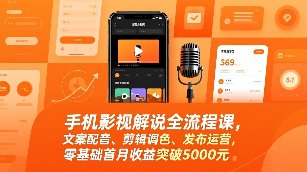 手机影视解说全流程课,文案配音、剪辑调色、发布运营,零基础首月收益突破5000元-参一网创