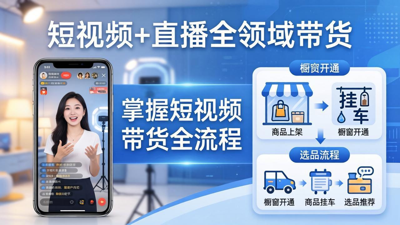 短视频+直播全领域带货-更新：掌握橱窗开通、挂车、选品、爆款文案改编等短视频带货全流程-清风网创