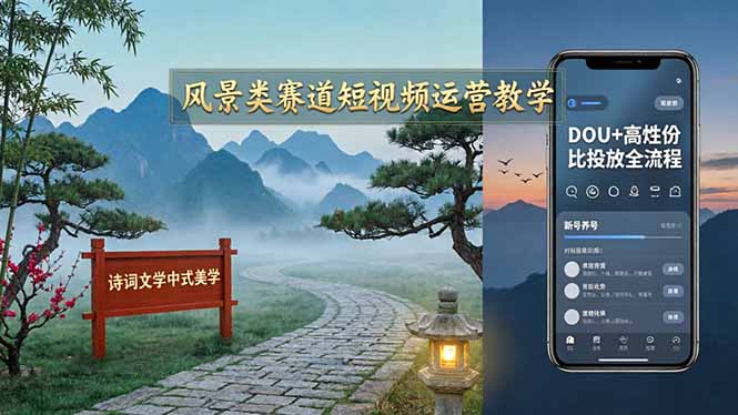 风景类赛道短视频运营教学:诗词文学中式美学,新号养号对标账号定位,DOU+高性价比投放全流程-“发个发”赚钱知识平台