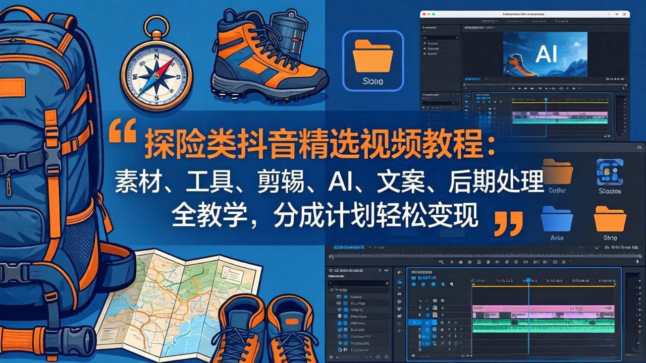 探险类抖音精选视频教程:素材、工具、剪辑、AI、文案、后期处理全教学,分成计划轻松变现-“发个发”赚钱知识平台