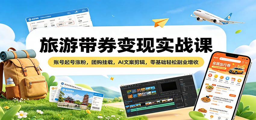 旅游带券变现实战课：账号起号涨粉，团购挂载，AI文案剪辑，零基础轻松副业增收-清风网创