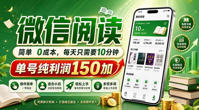最新微信阅读，每日10分钟，单号利润150+，可批量放大操作，简单0成本-清风网创