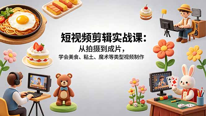 短视频剪辑实战课：从拍摄到成片，学会美食、粘土、魔术等类型视频制作-清风网创