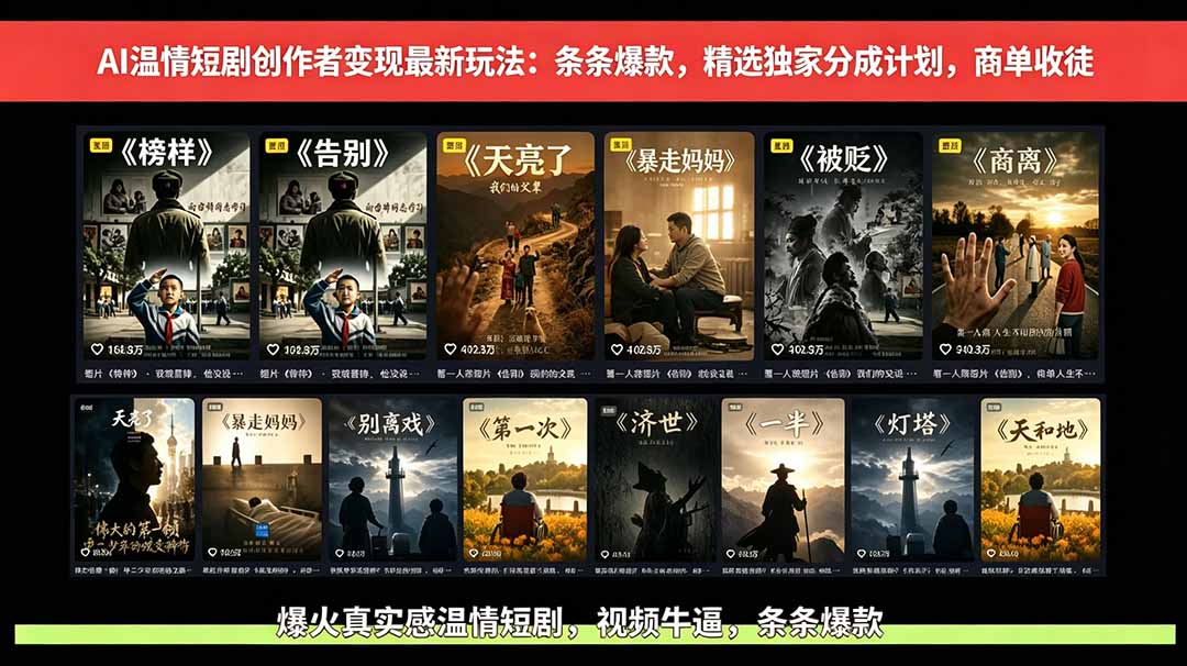 AI温情短剧创作者变现最新玩法:视频牛逼,条条爆款,精选独家分成计划,商单收徒-未来云网创