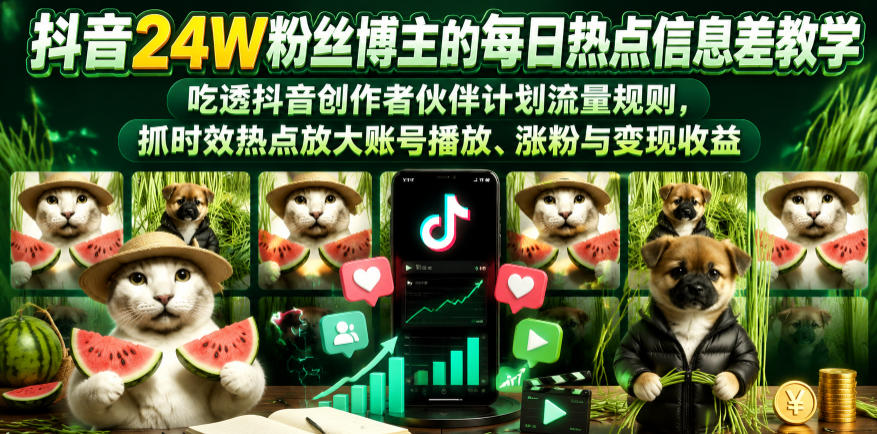 抖音24W粉丝博主的每日热点信息差教学,吃透创作者伙伴计划流量规则,抓时效热点放大账号播放、涨粉与变现收益-轩辕藏经阁