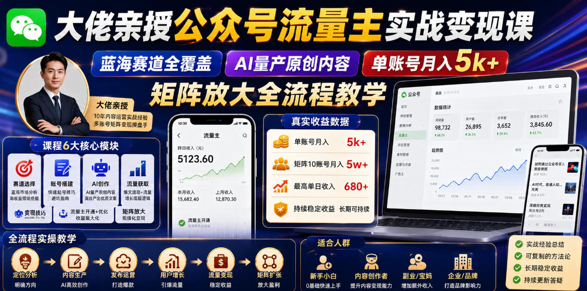 大佬亲授公众号流量主实战变现课,蓝海赛道全覆盖,AI量产原创内容,单账号月入5k+矩阵放大全流程教学-清风网创