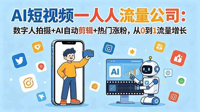 AI短视频一人流量公司:数字人拍摄+AI自动剪辑+热门涨粉,从0到1流量增长-优优云网创