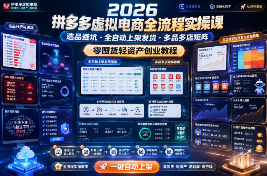 2026拼多多虚拟电商全流程实操课,选品避坑・全自动上架发货・多品多店矩阵,零囤货轻资产创业教程-优优云网创