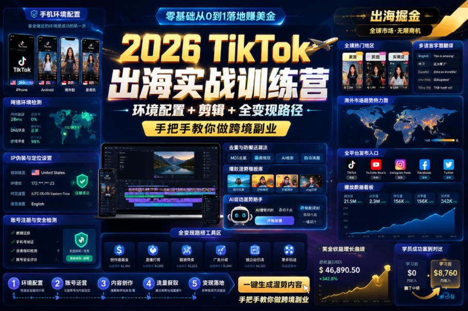 2026 TikTok出海实战训练营,环境配置 + 剪辑 + 全变现路径,手把手教你做跨境副业-优优云网创