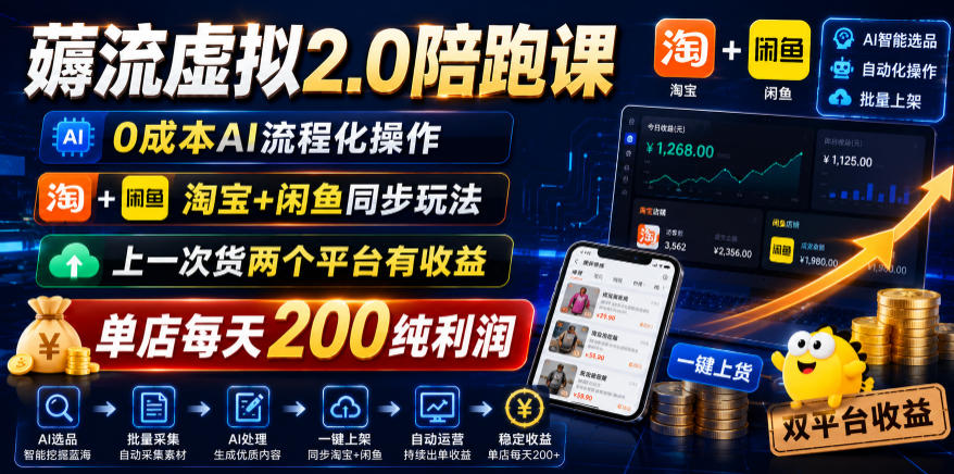 薅流虚拟2.0陪跑课,0成本AI流程化操作,淘宝+闲鱼同步玩法,上一次货两个平台有收益,单店每天200纯利润-先创学社