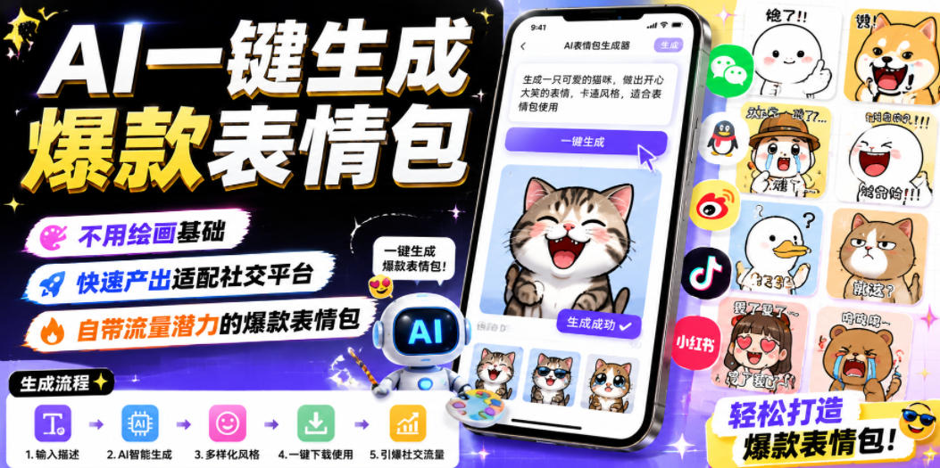 AI一键生成爆款表情包,不用绘画基础,快速产出适配社交平台,自带流量潜力的爆款表情包-优易云