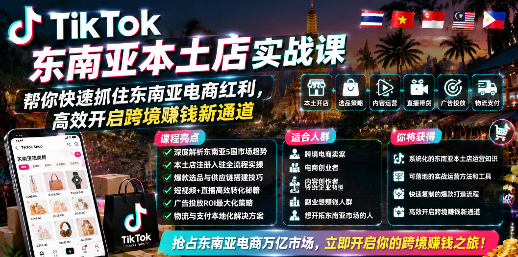 TikTok东南亚本土店实战课,帮你快速抓住东南亚电商红利,高效开启跨境賺钱新通道-优易云