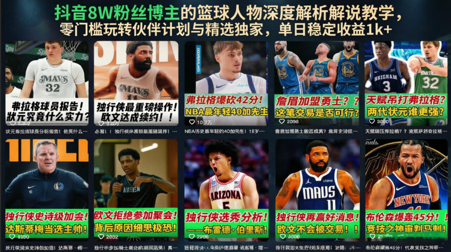 抖音8W粉丝博主的篮球人物深度解析解说教学,零门槛玩转伙伴计划与精选独家,单日稳定收益1k+-清风网创