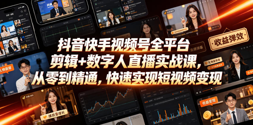 抖音快手视频号全平台剪辑+数字人直播实战课,从零到精通,快速实现短视频变现(更新2026年6月)-清风网创