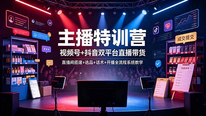 主播特训营:视频号+抖音双平台直播带货,直播间搭建+选品+话术+开播全流程系统教学-清风网创
