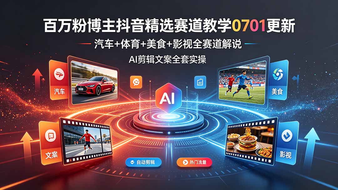 百万粉博主抖音精选赛道教学-0701更新,汽车+体育+美食+影视全赛道解说,AI剪辑文案全套实操-清风网创