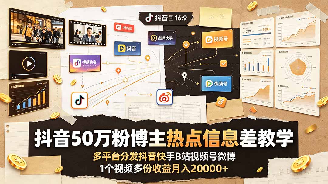 抖音50万粉博主热点信息差教学:多平台分发抖音快手B站视频号微博,1个视频多份收益月入20000+-清风网创