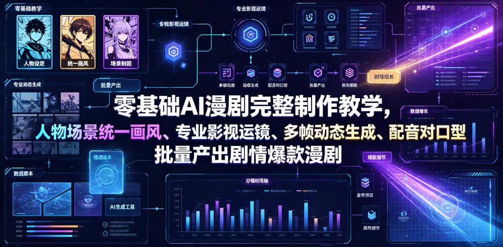 零基础AI漫剧完整制作教学,人物场景统一画风、专业影视运镜、多帧动态生成、配音对口型,批量产出剧情爆款漫剧-优优云网创