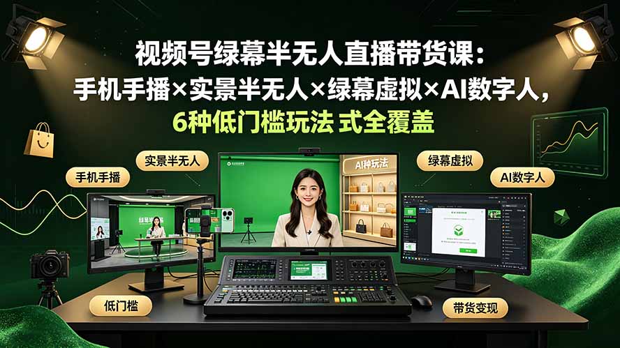 视频号绿幕半无人直播带货课：手机手播×实景半无人×绿幕虚拟×AI数字人，6种低门槛玩法全覆盖-清风网创