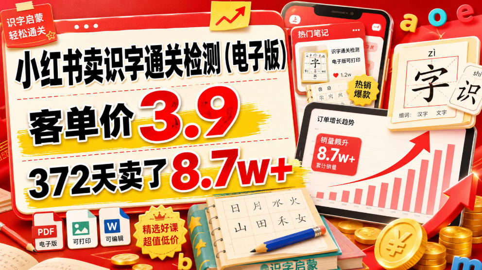 小红书卖识字通关检测(电子版),客单价3.9,372天卖了8.7w+-清风网创