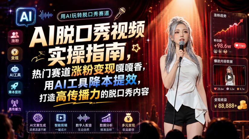 AI脱口秀视频实操指南,热门赛道涨粉变现嘎嘎香,用AI工具降本提效,打造高传播力的脱口秀内容-优耐克分享