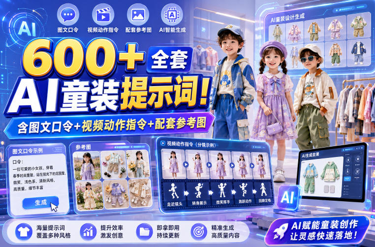 600+全套AI童装提示词!含图文口令+视频动作指令+配套参考图,Word-Excel规整分类,童装电商、种草无脑量产内容!-优耐克分享
