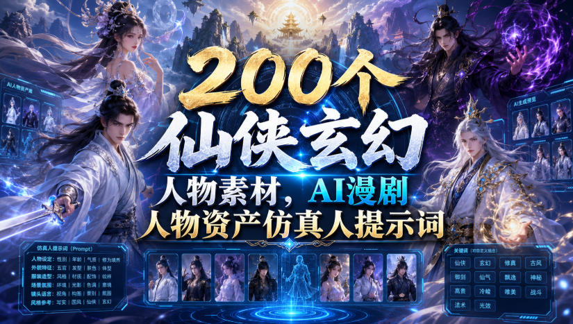 200个仙侠玄幻人物素材,AI漫剧人物资产仿真人提示词-优耐克分享