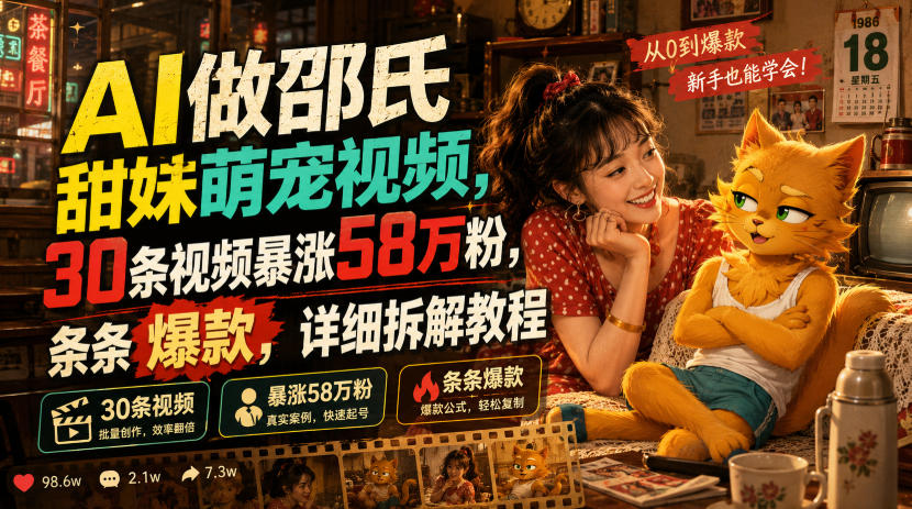 AI做邵氏甜妹萌宠视频,30条视频暴涨58万粉,条条爆款,详细拆解教程-优耐克分享