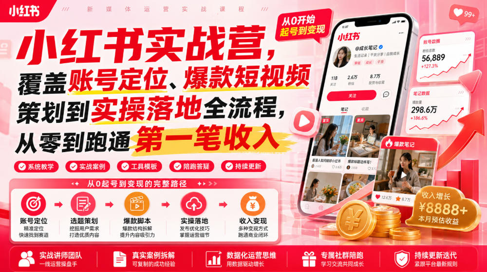 小红书实战营,覆盖账号定位、爆款短视频策划到实操落地全流程,从零到跑通第一笔收入-清风云网创