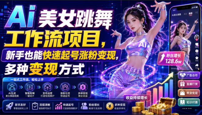 Ai美女跳舞工作流项目,新手也能快速起号涨粉变现,多种变现方式-清风云网创