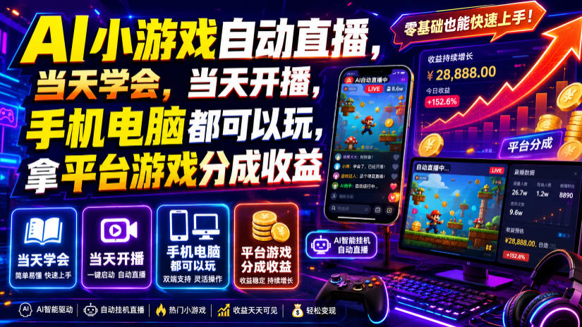 AI小游戏自动直播,当天学会,当天开播,手机电脑都可以玩,拿平台游戏分成收益-清风云网创