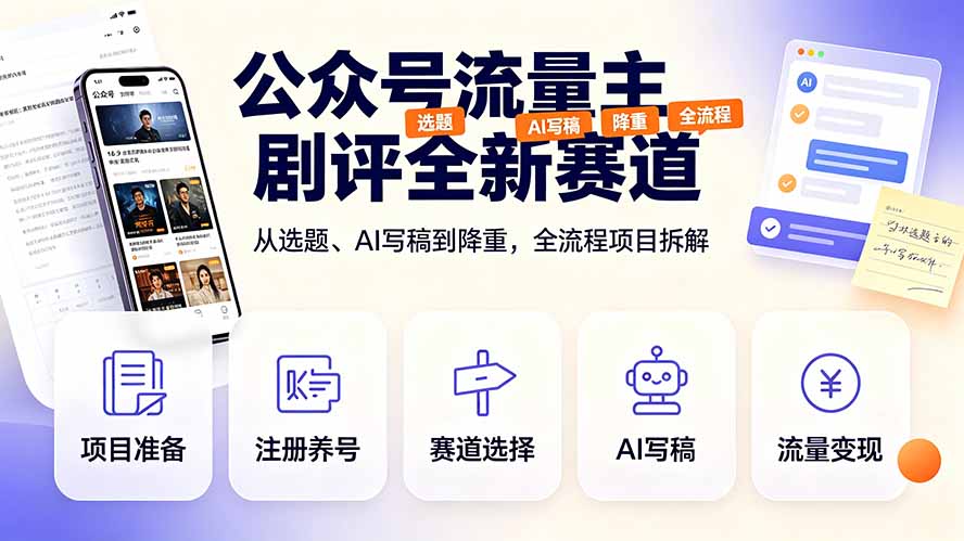 公众号流量主剧评全新赛道,从选题、AI写稿到降重,全流程项目拆解-清风云网创
