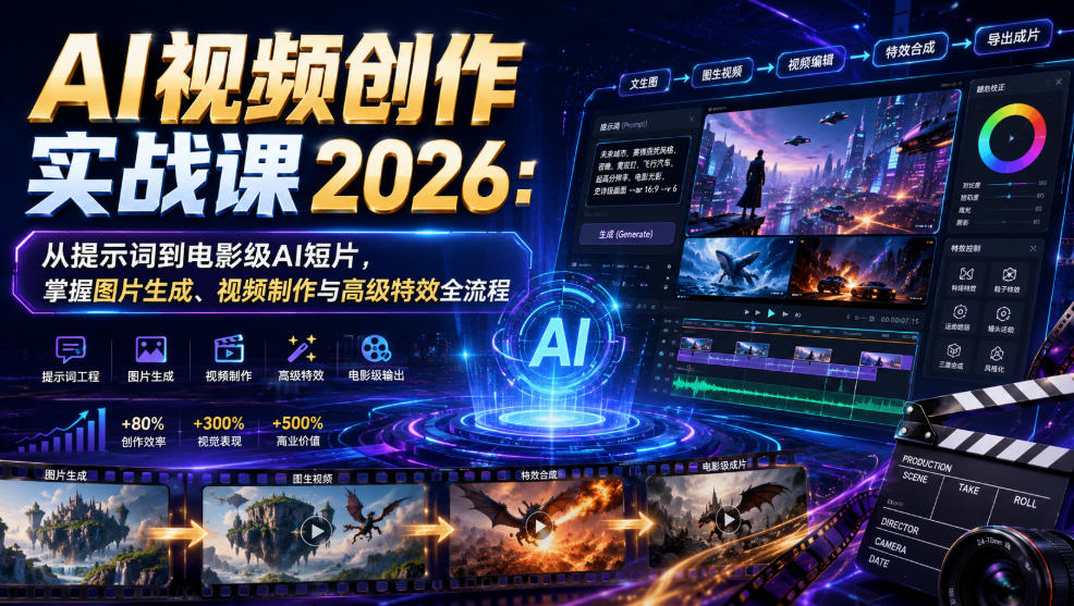 AI视频创作实战课2026:从提示词到电影级AI短片,掌握图片生成、视频制作与高级特效全流程-创创邦资源网