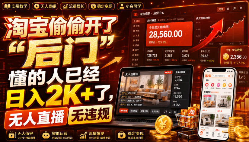 淘宝偷偷开了“后门”,懂的人已经日入2K+了,无人直播无违规,一台电脑=一家24小时营业的线上门店【揭秘】-我家网