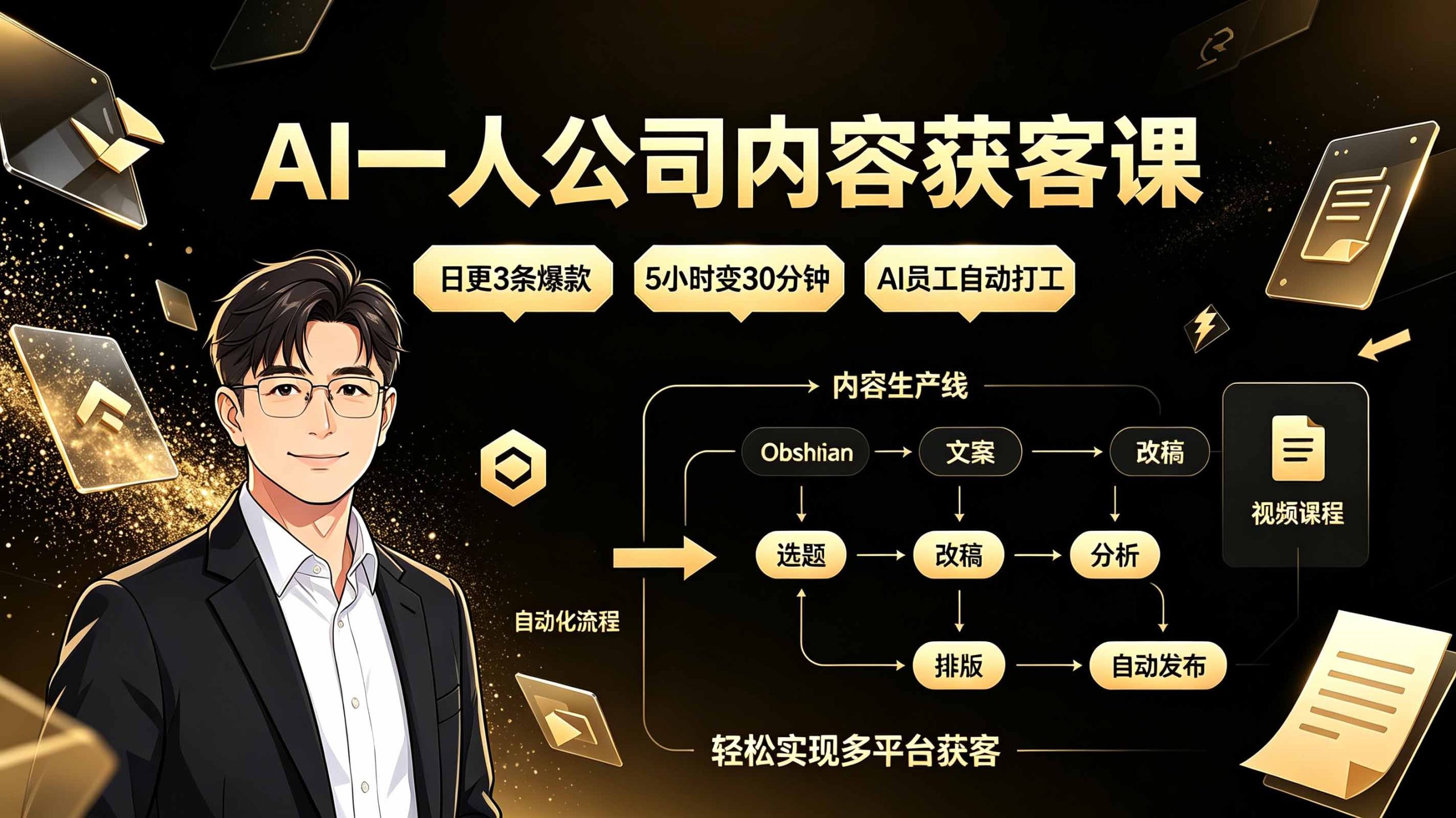 AI一人公司内容获客课：日更3条爆款×5小时变30分钟×AI员工自动打工，轻松实现多平台获客-清风网创